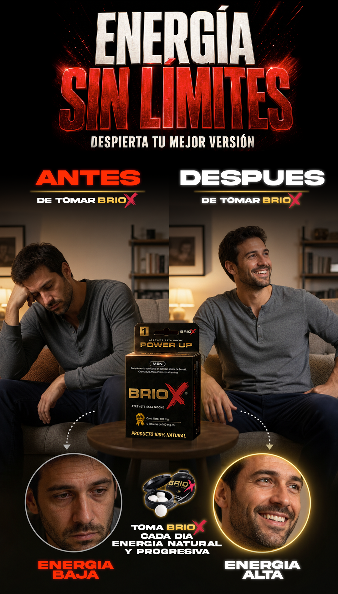 Energía sin límites — Antes y después de tomar BrioX