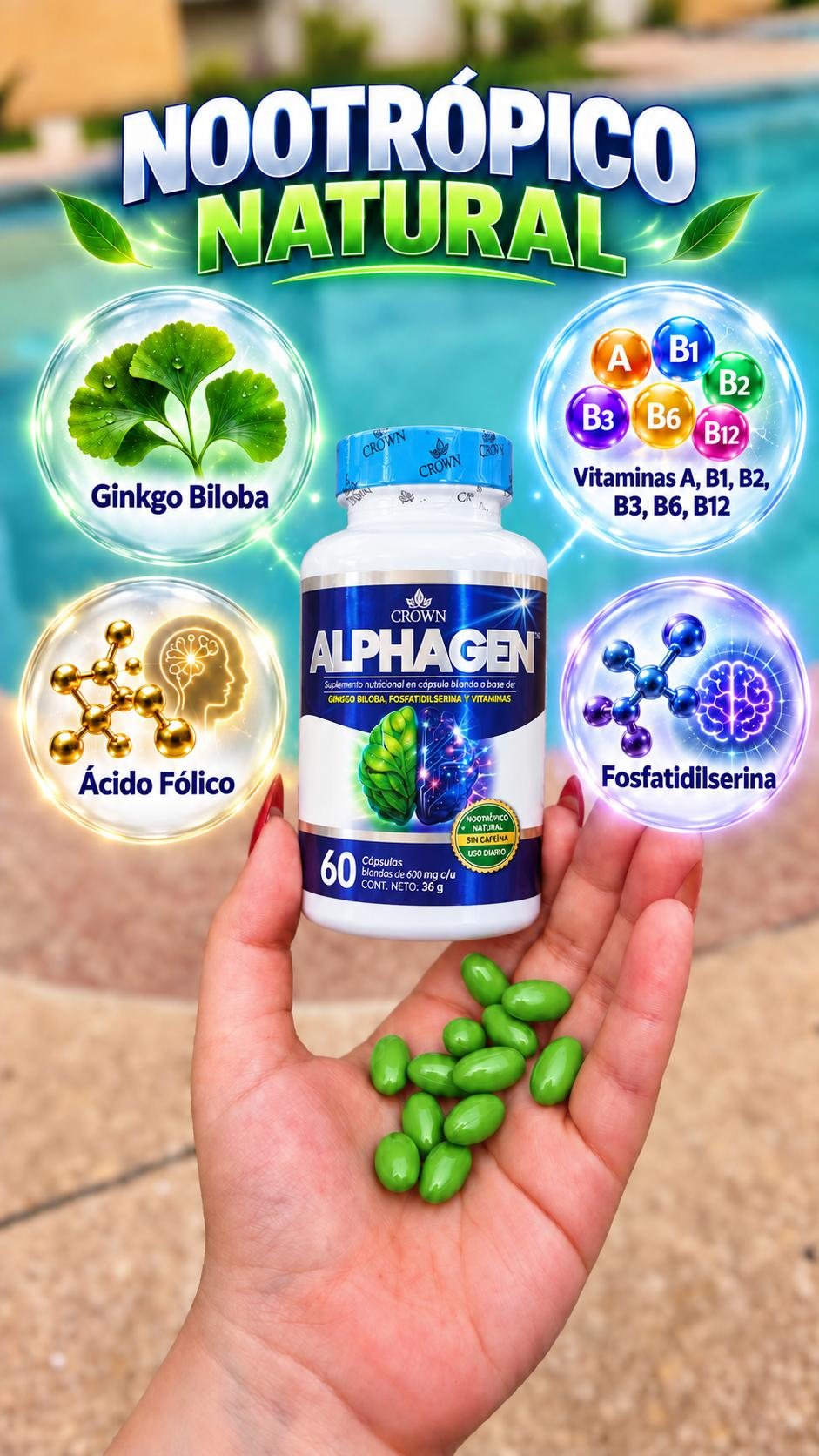 ALPHAGEN, nootrópico natural con Ginkgo biloba, vitaminas, ácido fólico y fosfatidilserina
